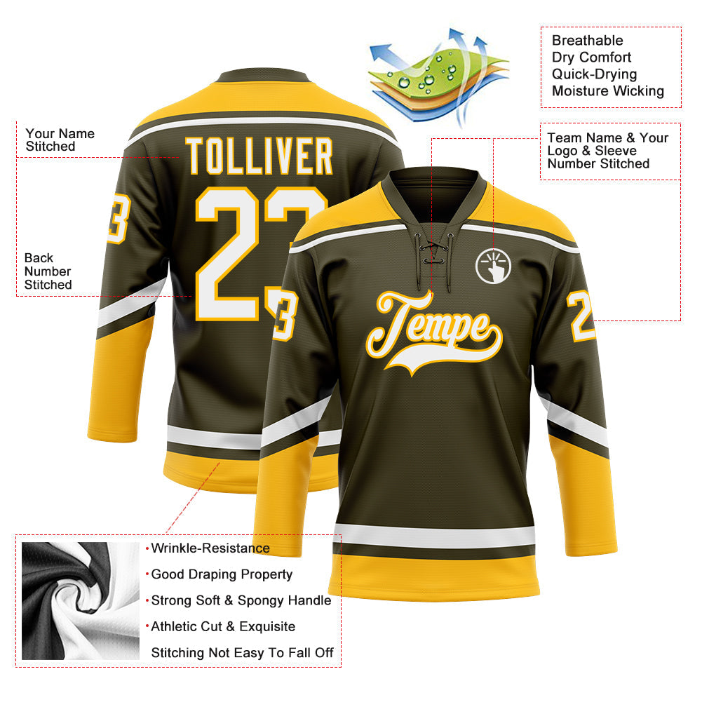 Custom Olive White-Gold Salute To Service Hockey Lace Neck Jersey view 3