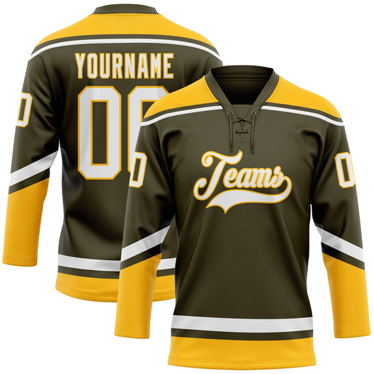 Custom Olive White-Gold Salute To Service Hockey Lace Neck Jersey - Main View