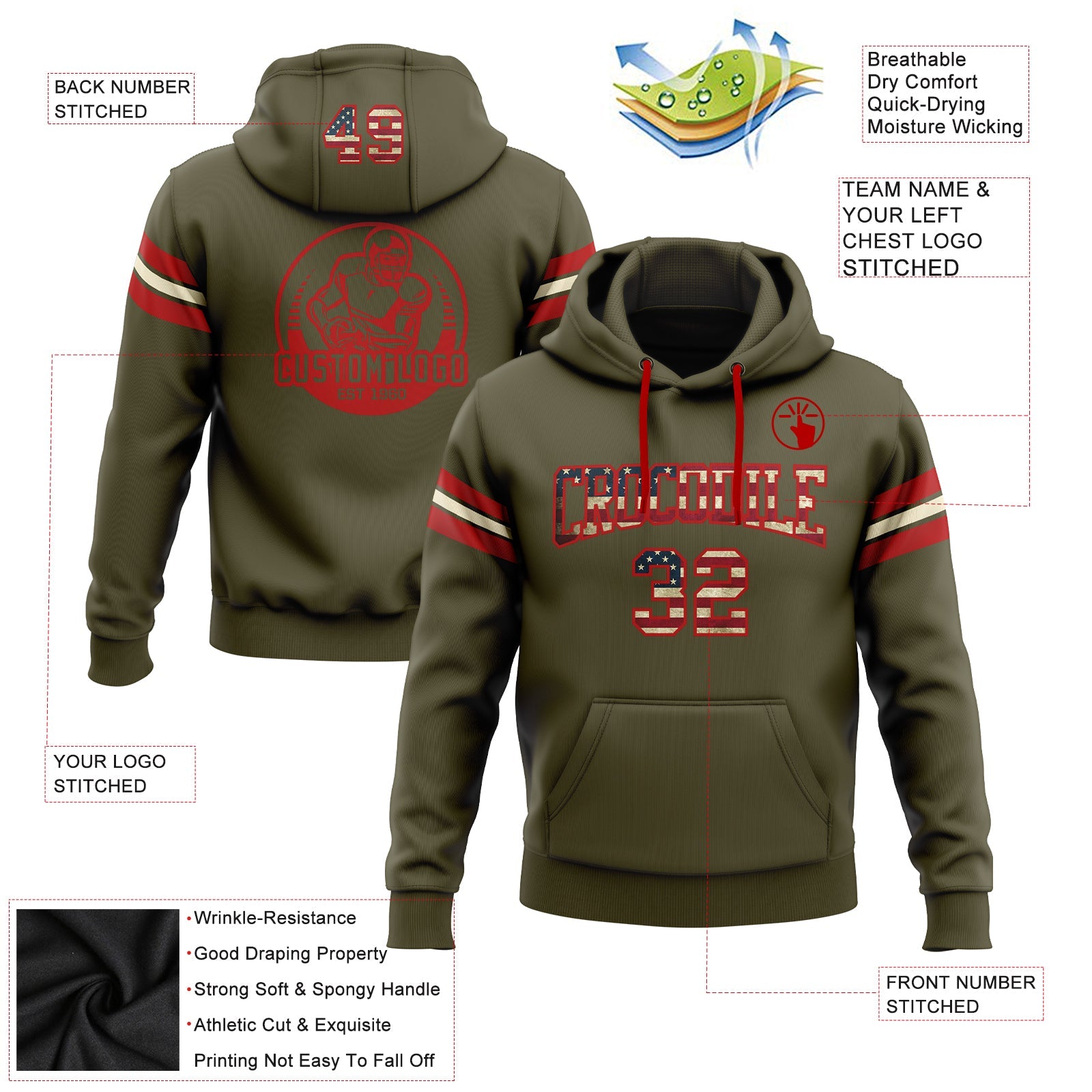 Custom Stitched Olive Vintage USA Flag Red-Cream Football Pullover Sweatshirt Salute To Service Hoodie view 2