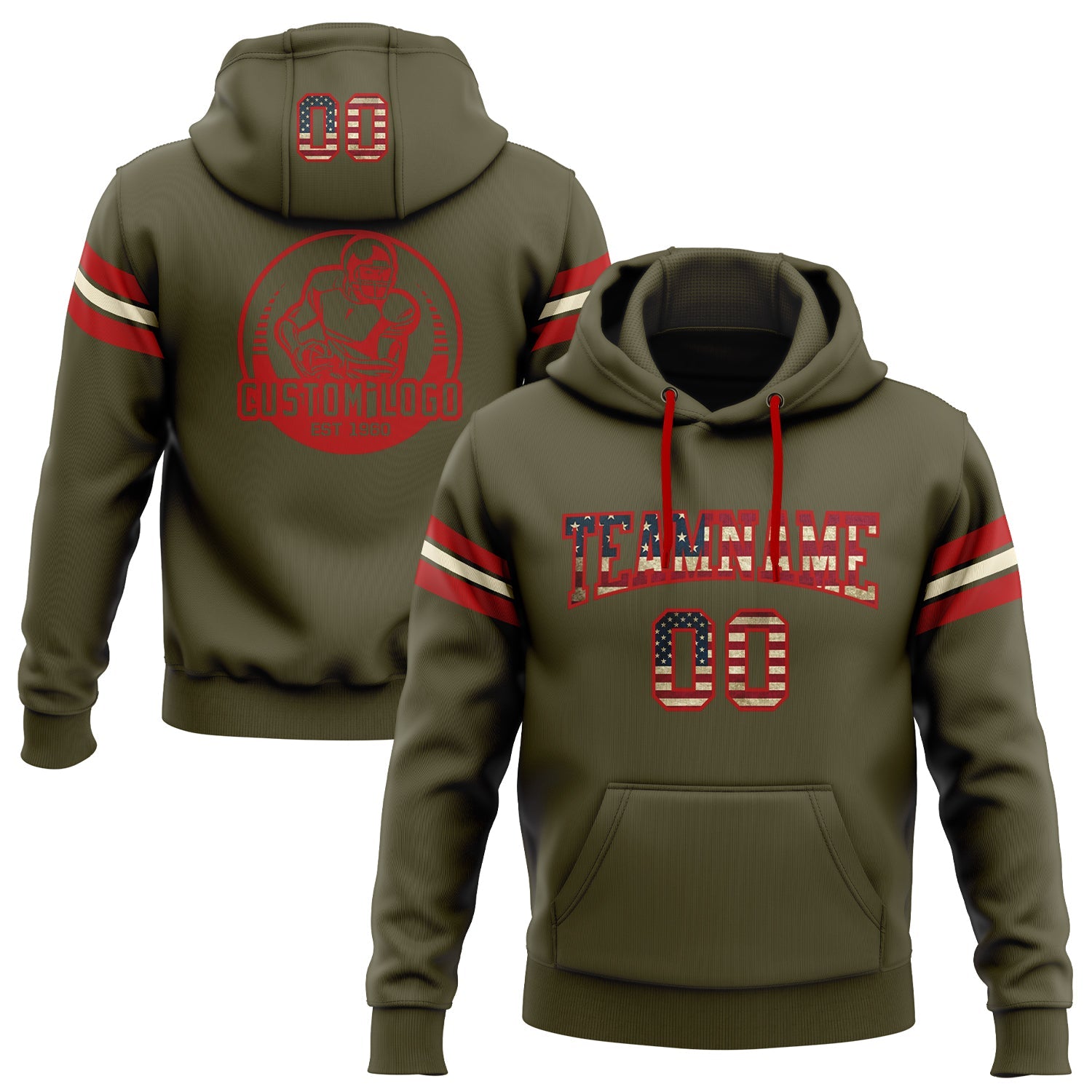 Custom Stitched Olive Vintage USA Flag Red-Cream Football Pullover Sweatshirt Salute To Service Hoodie - Main View