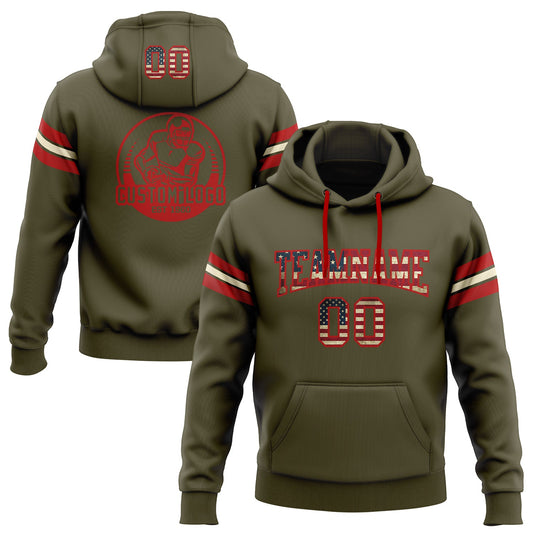 Custom Stitched Olive Vintage USA Flag Red-Cream Football Pullover Sweatshirt Salute To Service Hoodie - Main View