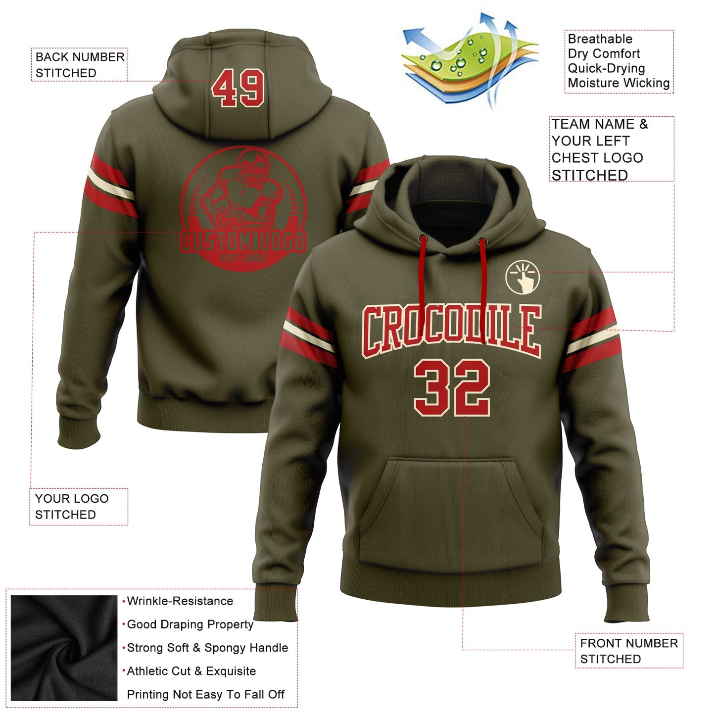 Custom Stitched Olive Red-Cream Football Pullover Sweatshirt Salute To Service Hoodie view 2