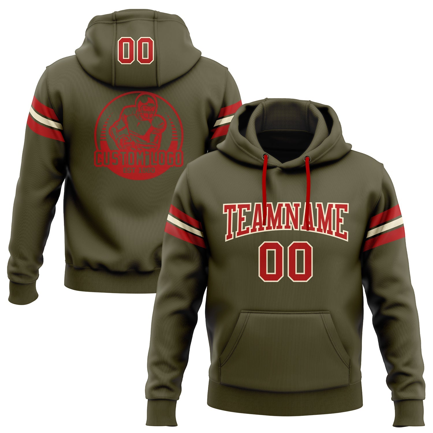 Custom Stitched Olive Red-Cream Football Pullover Sweatshirt Salute To Service Hoodie - Main View