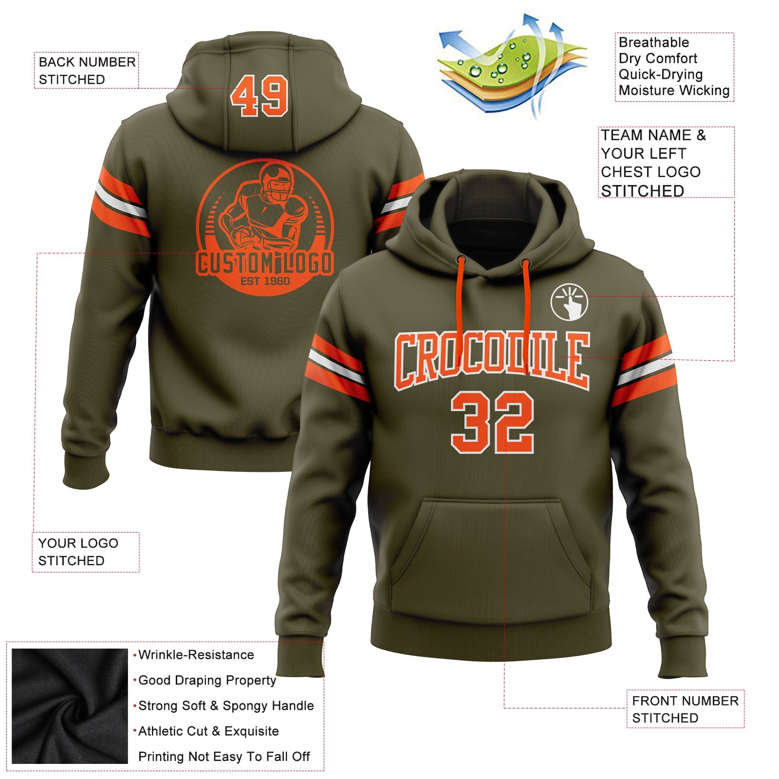 Custom Stitched Olive Orange-White Football Pullover Sweatshirt Salute To Service Hoodie view 2