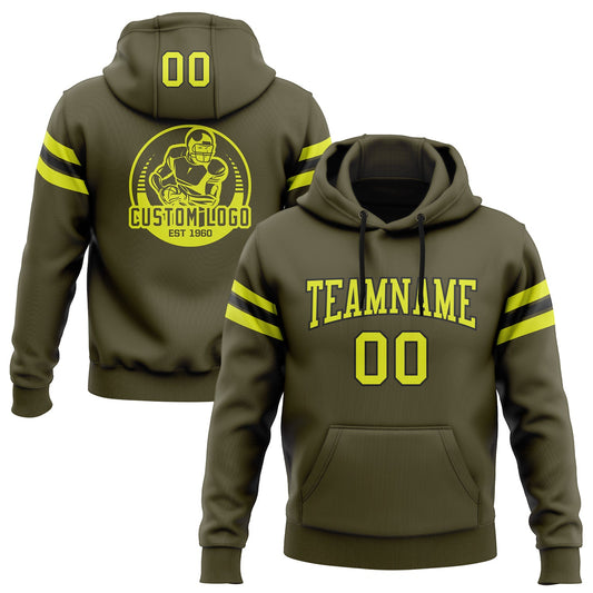 Custom Stitched Olive Neon Yellow-Black Football Pullover Sweatshirt Salute To Service Hoodie - Main View
