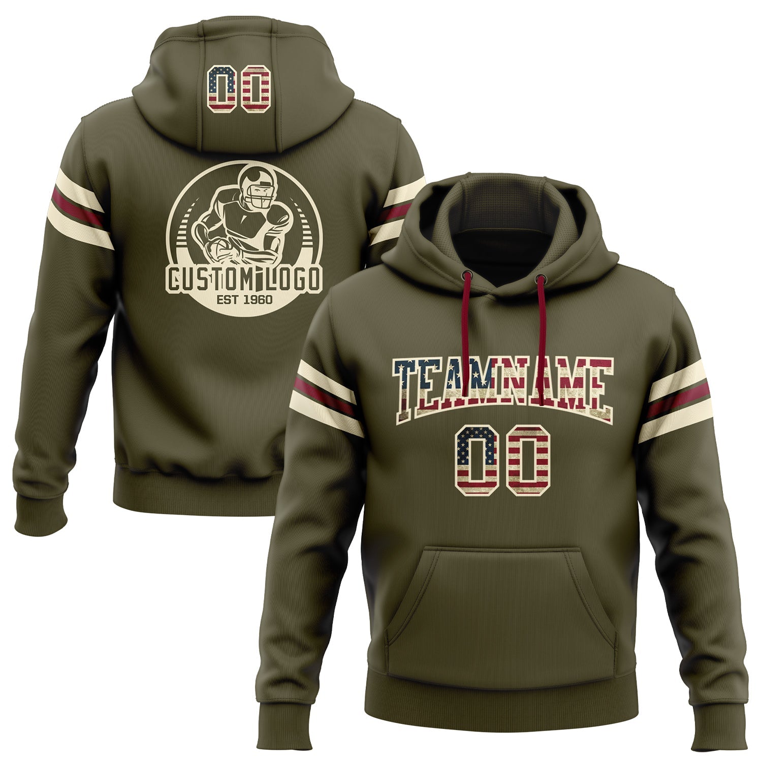 Custom Stitched Olive Vintage USA Flag Cream-Crimson Football Pullover Sweatshirt Salute To Service Hoodie - Main View