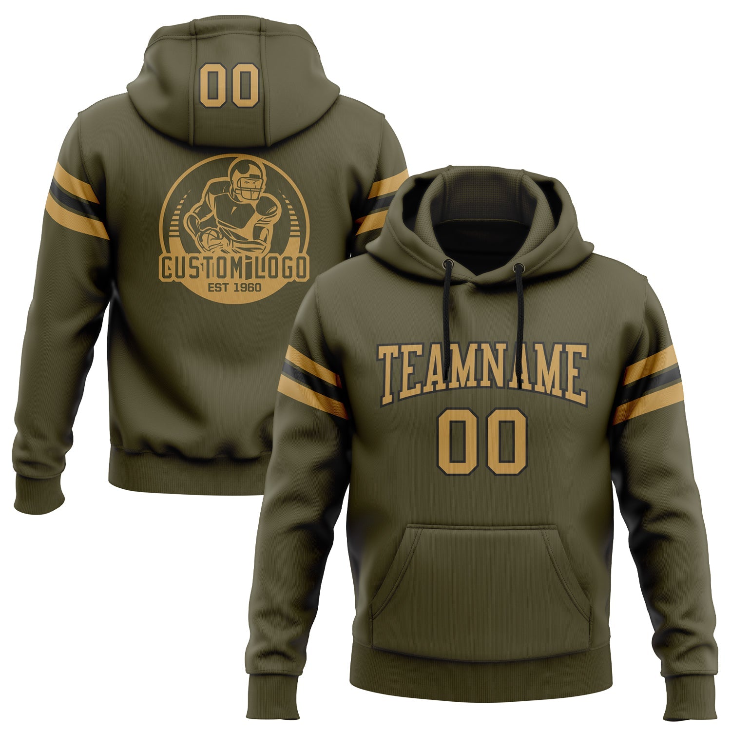 Custom Stitched Olive Old Gold-Black Football Pullover Sweatshirt Salute To Service Hoodie - Main View
