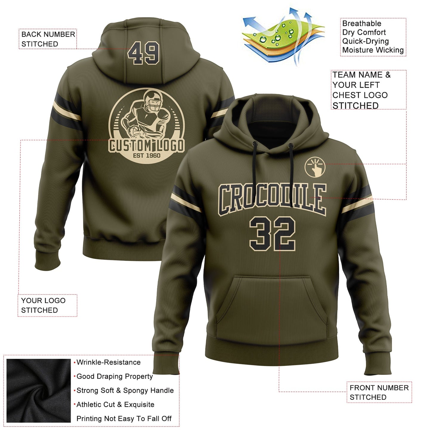 Custom Stitched Olive Black-City Cream Football Pullover Sweatshirt Salute To Service Hoodie view 2