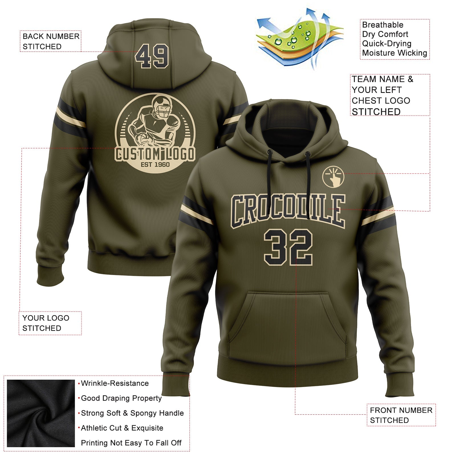Custom Stitched Olive Black-City Cream Football Pullover Sweatshirt Salute To Service Hoodie view 2
