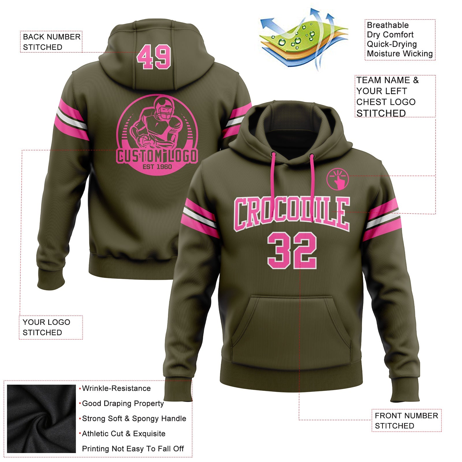 Custom Stitched Olive Pink-White Football Pullover Sweatshirt Salute To Service Hoodie view 2
