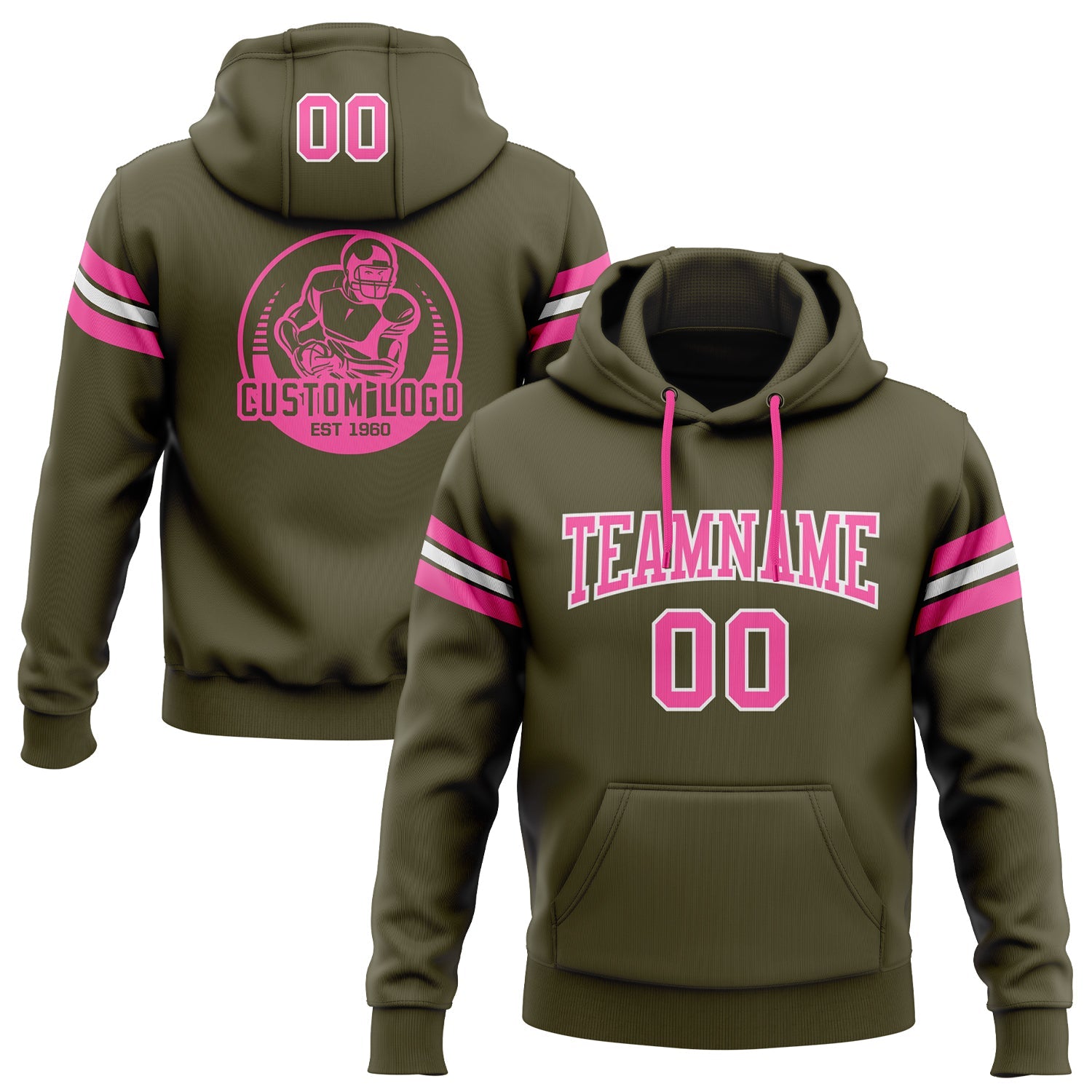 Custom Stitched Olive Pink-White Football Pullover Sweatshirt Salute To Service Hoodie - Main View