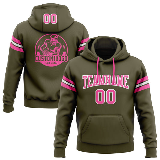 Custom Stitched Olive Pink-White Football Pullover Sweatshirt Salute To Service Hoodie - Main View