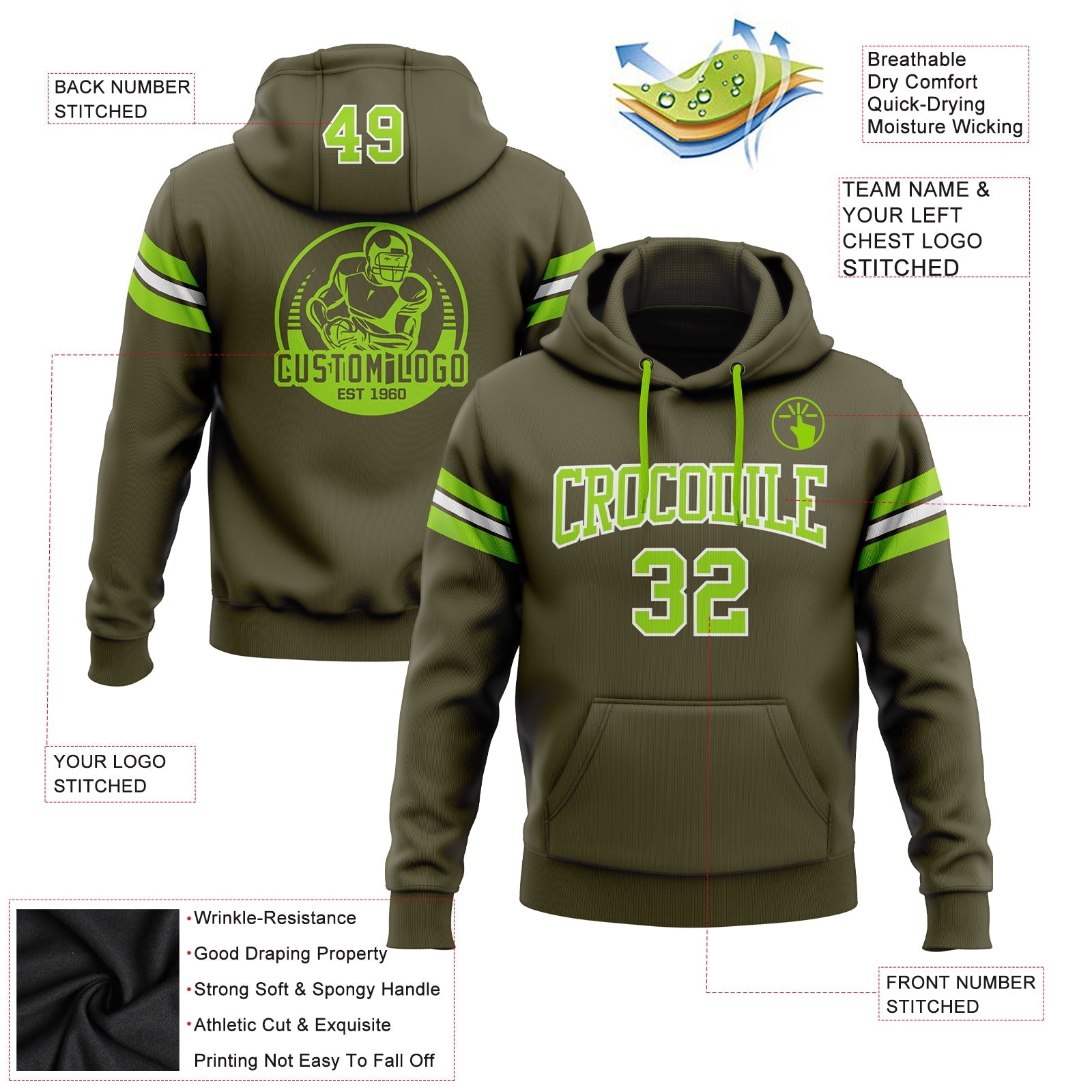 Custom Stitched Olive Neon Green-White Football Pullover Sweatshirt Salute To Service Hoodie view 2