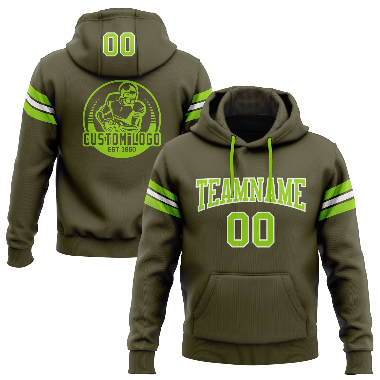 Custom Stitched Olive Neon Green-White Football Pullover Sweatshirt Salute To Service Hoodie - Main View