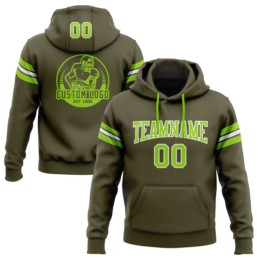 Custom Stitched Olive Neon Green-White Football Pullover Sweatshirt Salute To Service Hoodie - Main View