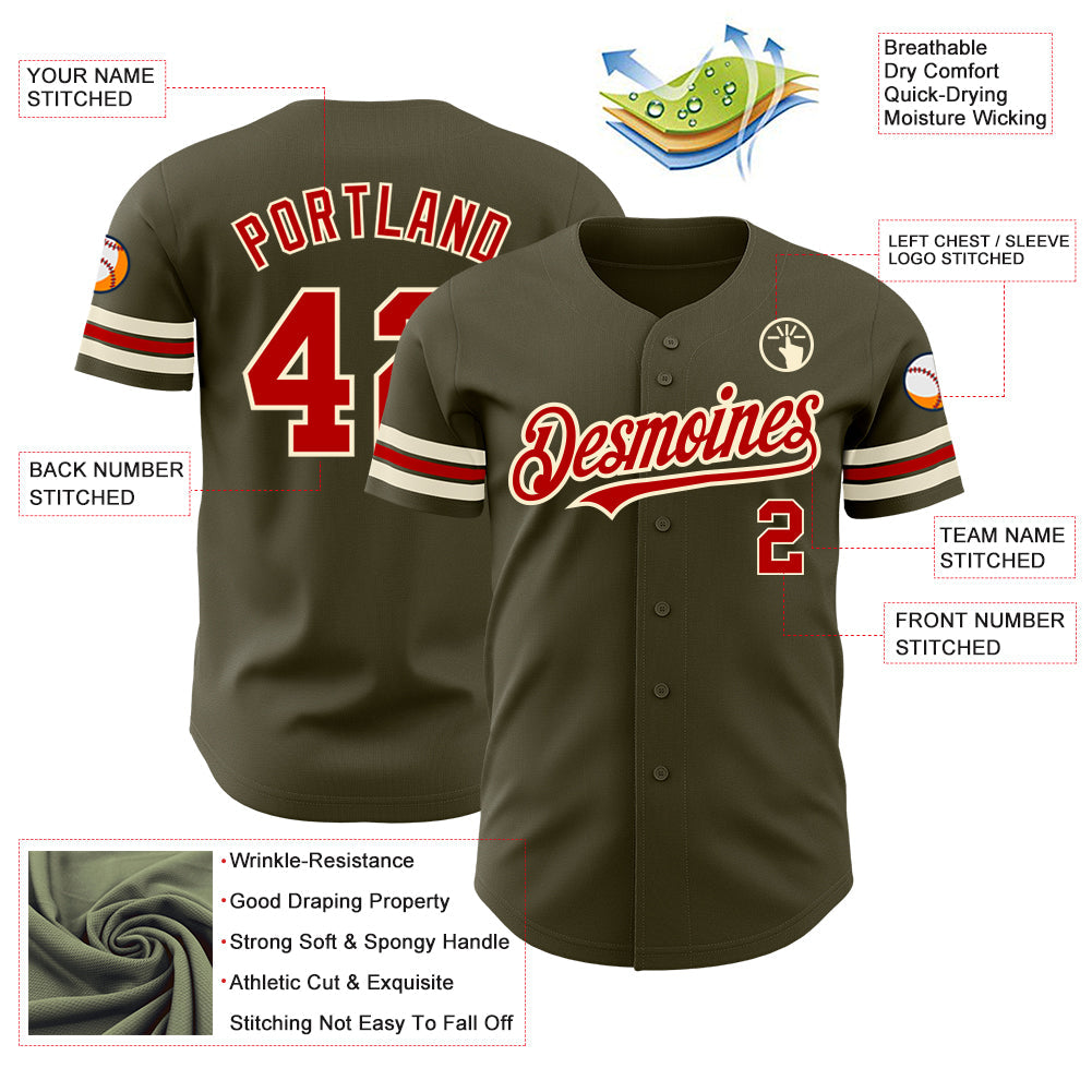 Custom Olive Red-Cream Authentic Salute To Service Baseball Jersey view 3