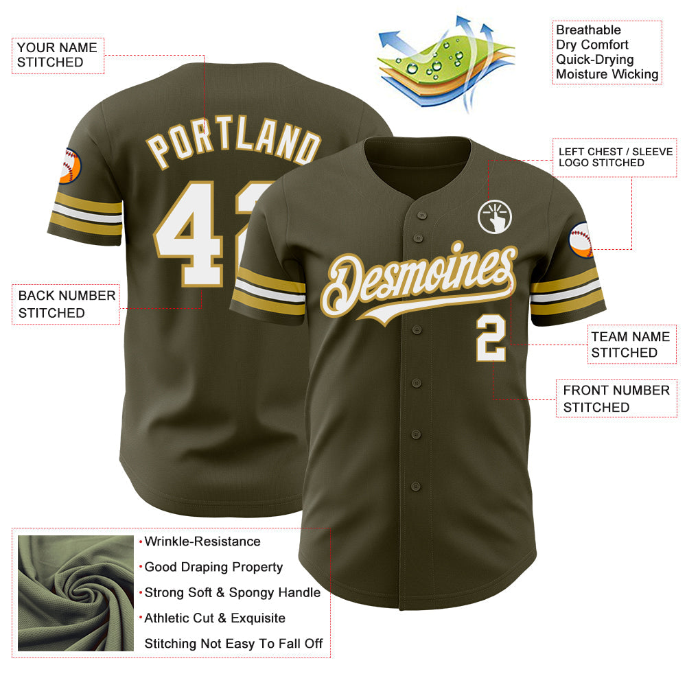 Custom Olive White-Old Gold Authentic Salute To Service Baseball Jersey view 3