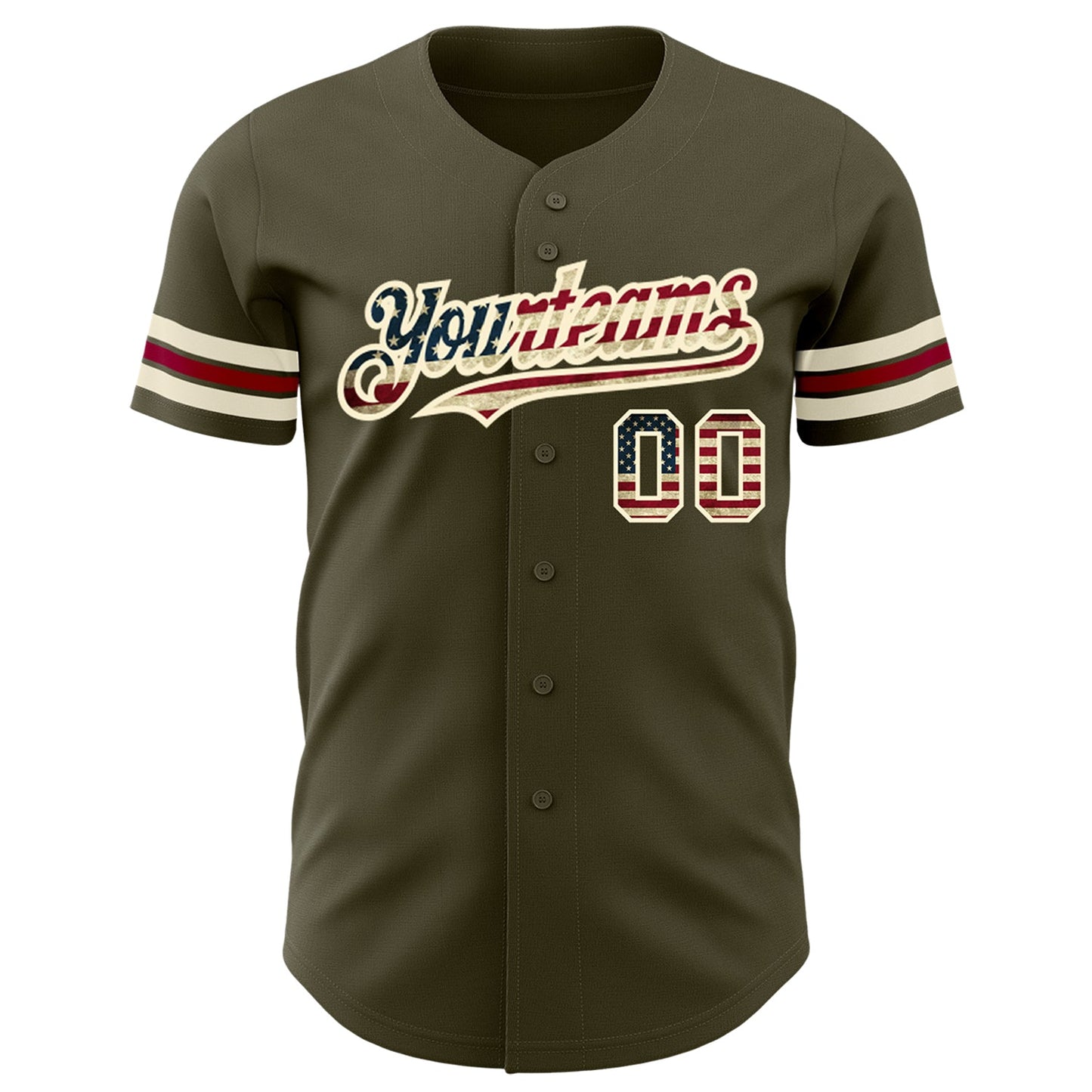 Custom Olive Vintage USA Flag Cream-Crimson Authentic Salute To Service Baseball Jersey view 2