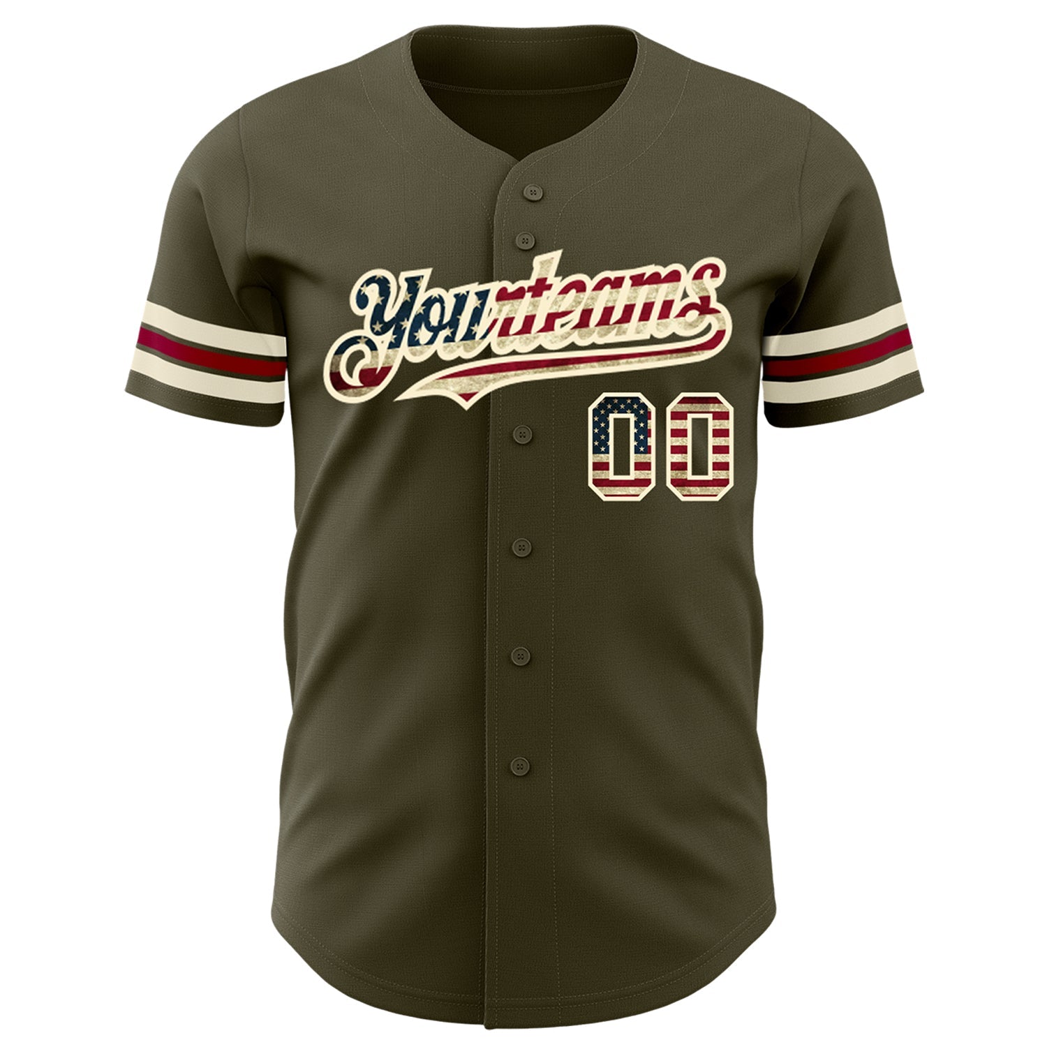 Custom Olive Vintage USA Flag Cream-Crimson Authentic Salute To Service Baseball Jersey view 2