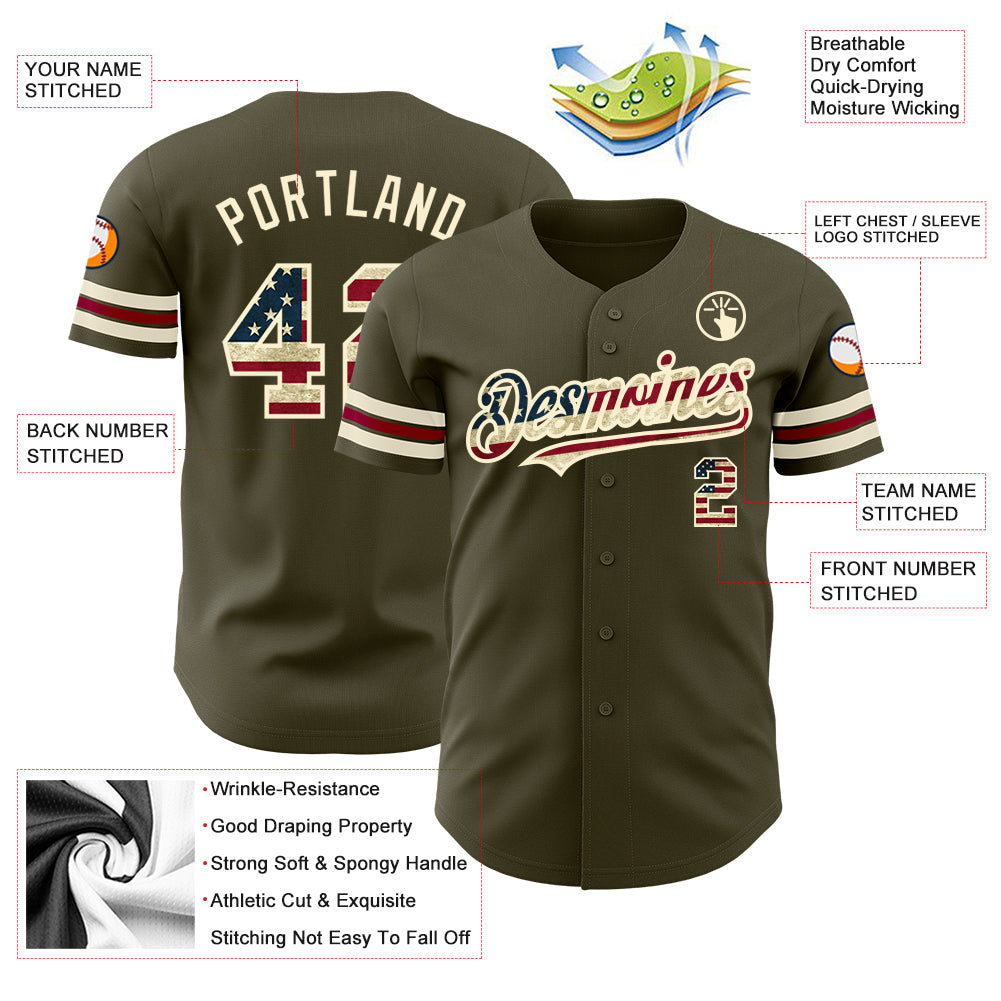 Custom Olive Vintage USA Flag Cream-Crimson Authentic Salute To Service Baseball Jersey view 3