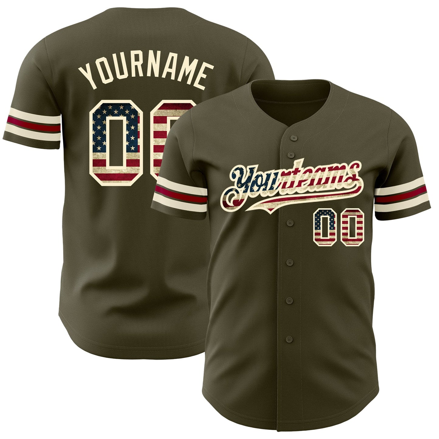 Custom Olive Vintage USA Flag Cream-Crimson Authentic Salute To Service Baseball Jersey - Main View