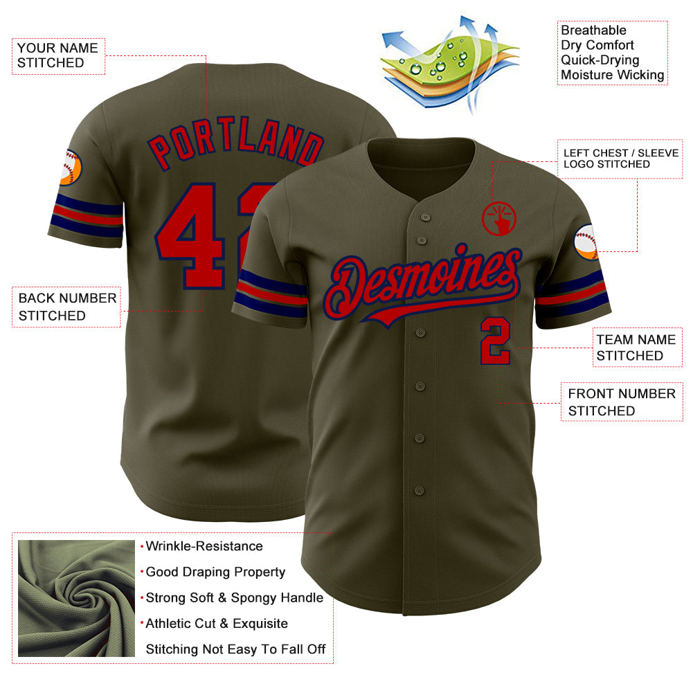 Custom Olive Red-Navy Authentic Salute To Service Baseball Jersey view 3