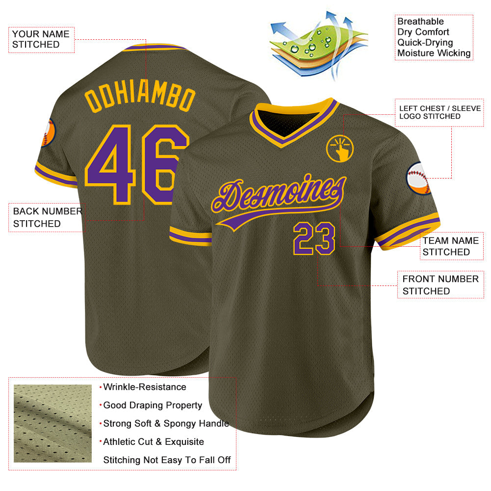 Custom Olive Purple-Gold Authentic Throwback Salute To Service Baseball Jersey view 3