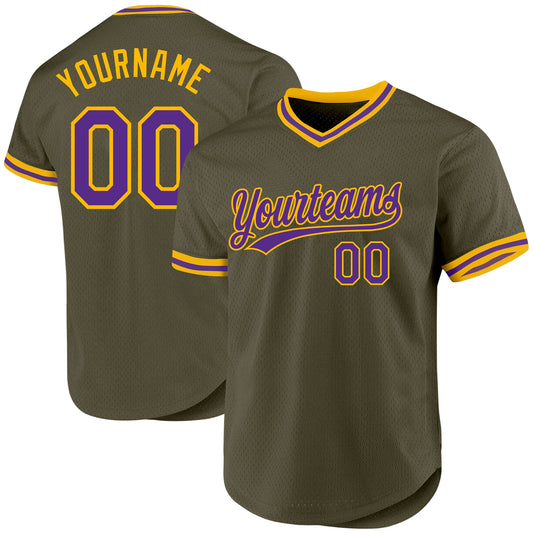 Custom Olive Purple-Gold Authentic Throwback Salute To Service Baseball Jersey - Main View