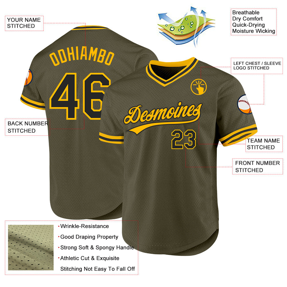 Custom Olive Black-Gold Authentic Throwback Salute To Service Baseball Jersey view 3