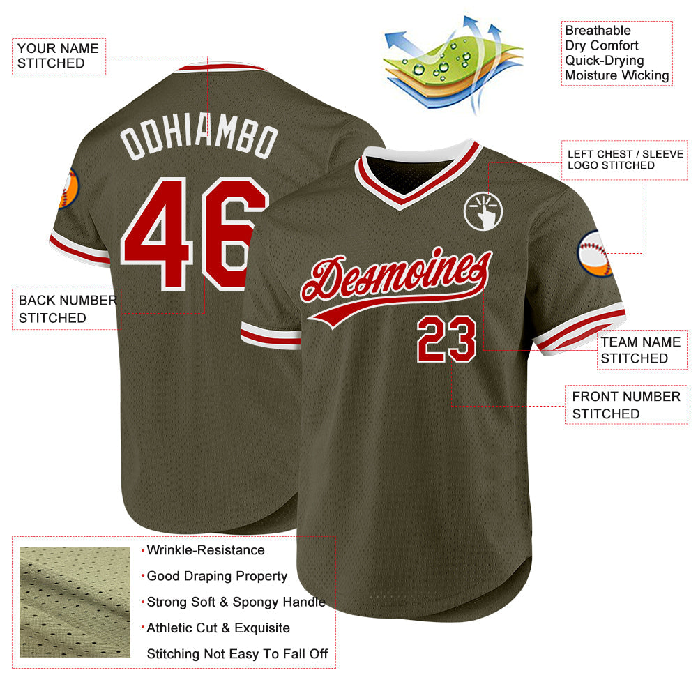 Custom Olive Red-White Authentic Throwback Salute To Service Baseball Jersey view 3