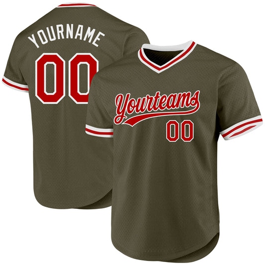 Custom Olive Red-White Authentic Throwback Salute To Service Baseball Jersey - Main View