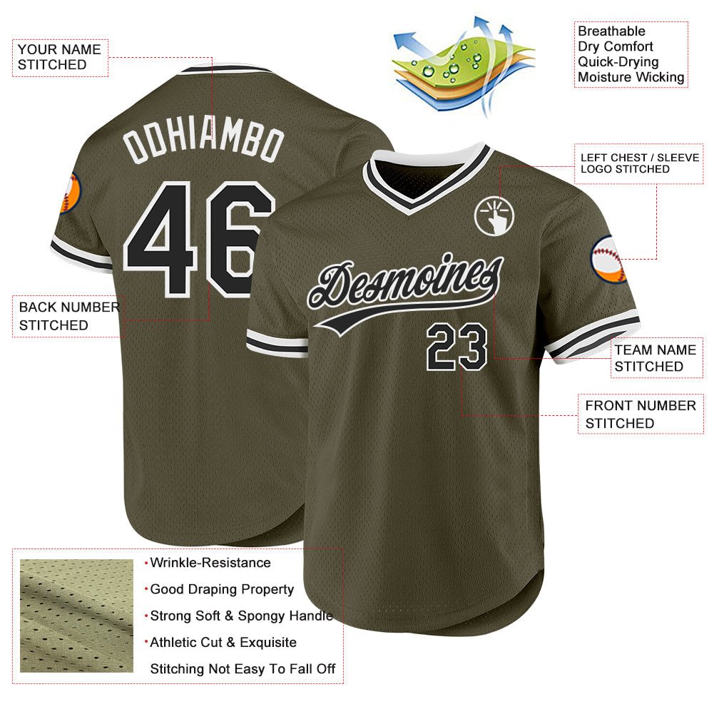 Custom Olive Black-White Authentic Throwback Salute To Service Baseball Jersey view 3