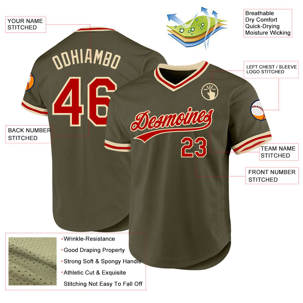 Custom Olive Red-Cream Authentic Throwback Salute To Service Baseball Jersey view 3