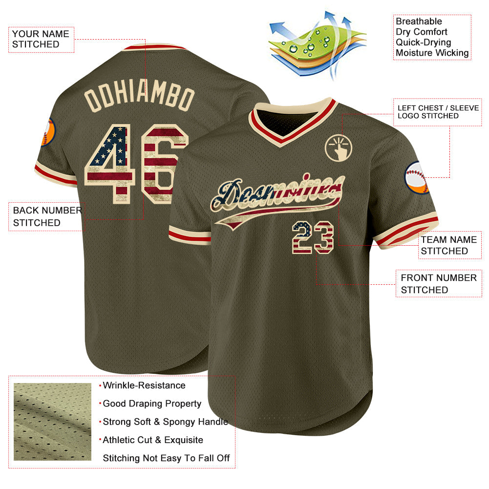 Custom Olive Vintage USA Flag Cream-Red Authentic Throwback Salute To Service Baseball Jersey view 3