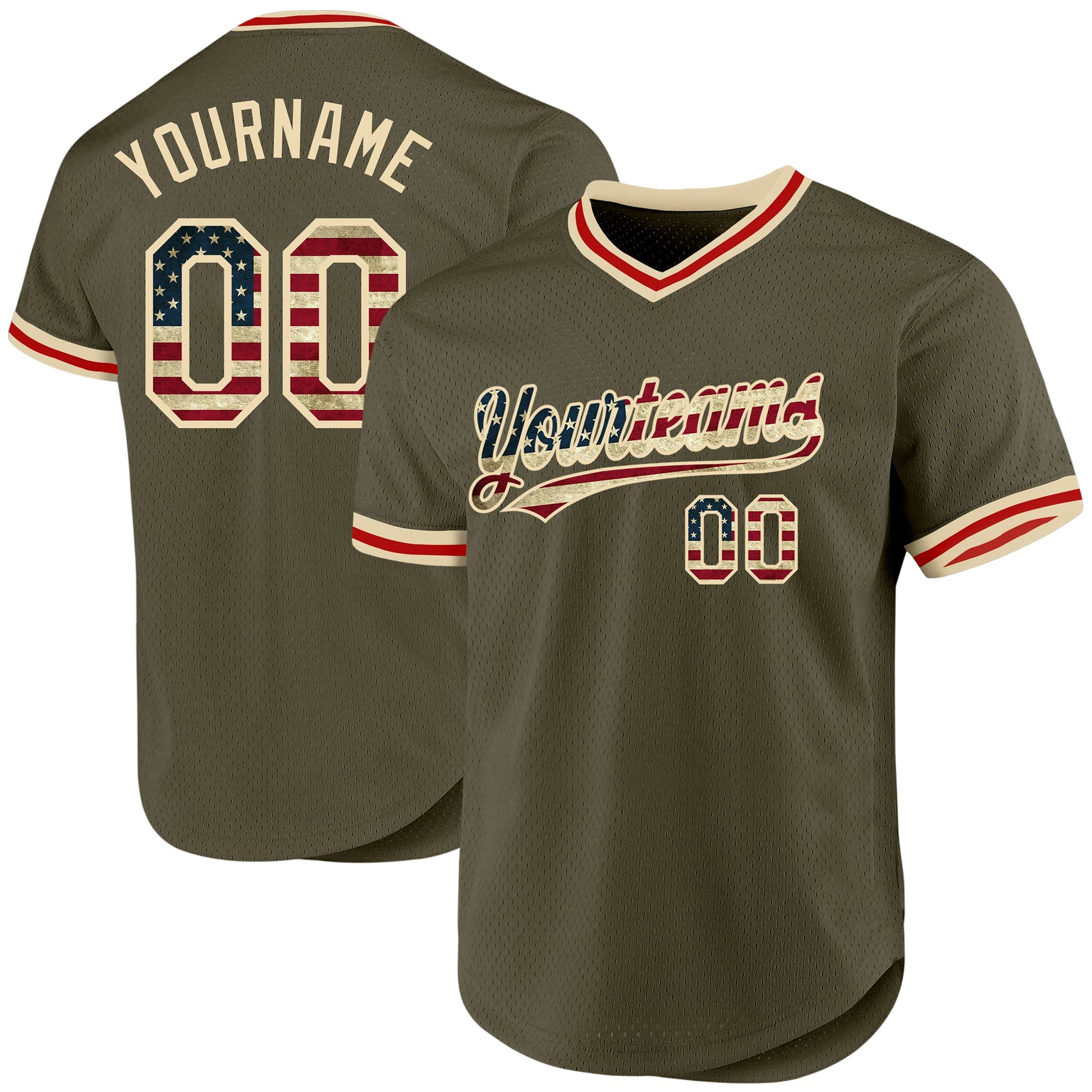 Custom Olive Vintage USA Flag Cream-Red Authentic Throwback Salute To Service Baseball Jersey - Main View
