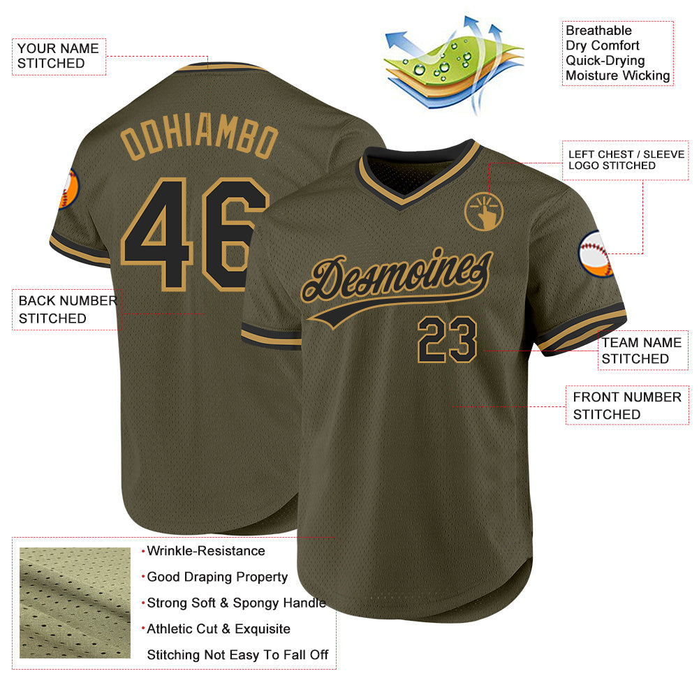 Custom Olive Black-Old Gold Authentic Throwback Salute To Service Baseball Jersey view 3