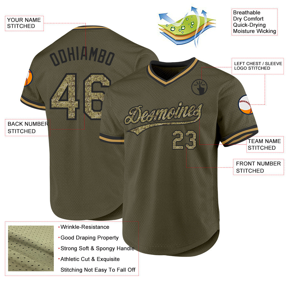 Custom Olive Camo Black-Old Gold Authentic Throwback Salute To Service Baseball Jersey view 3
