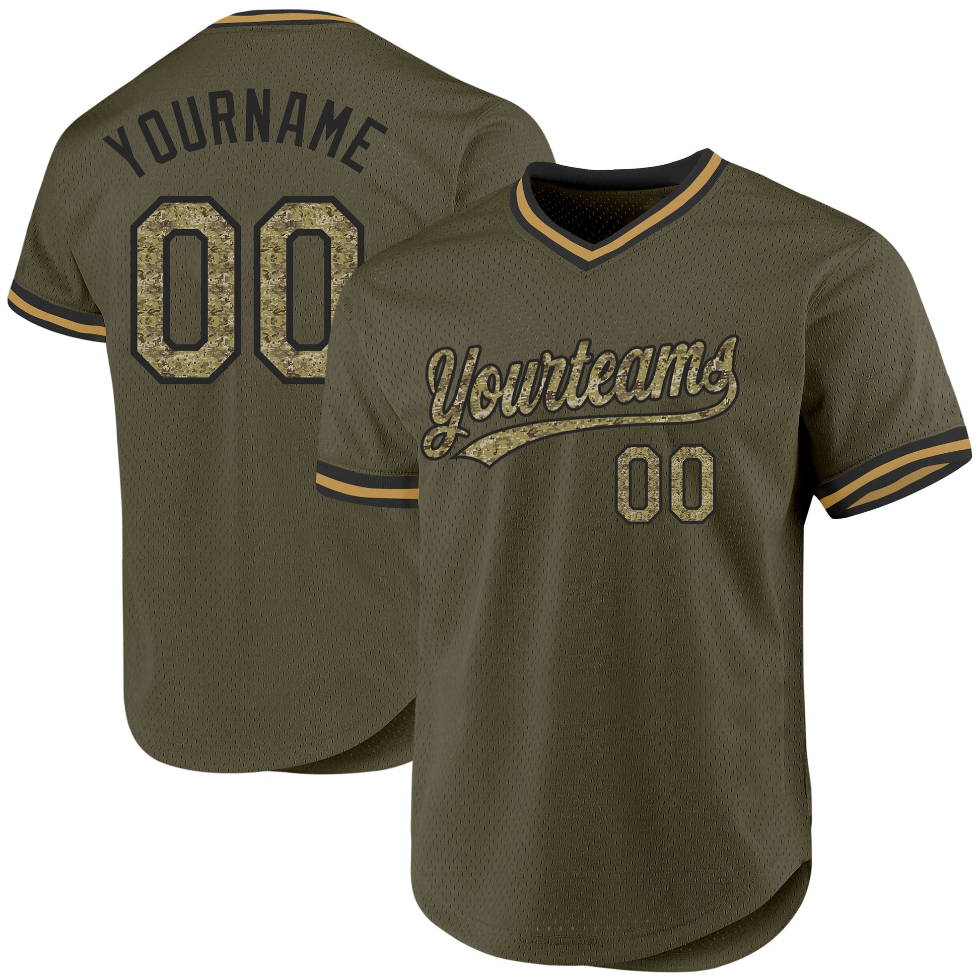Custom Olive Camo Black-Old Gold Authentic Throwback Salute To Service Baseball Jersey - Main View
