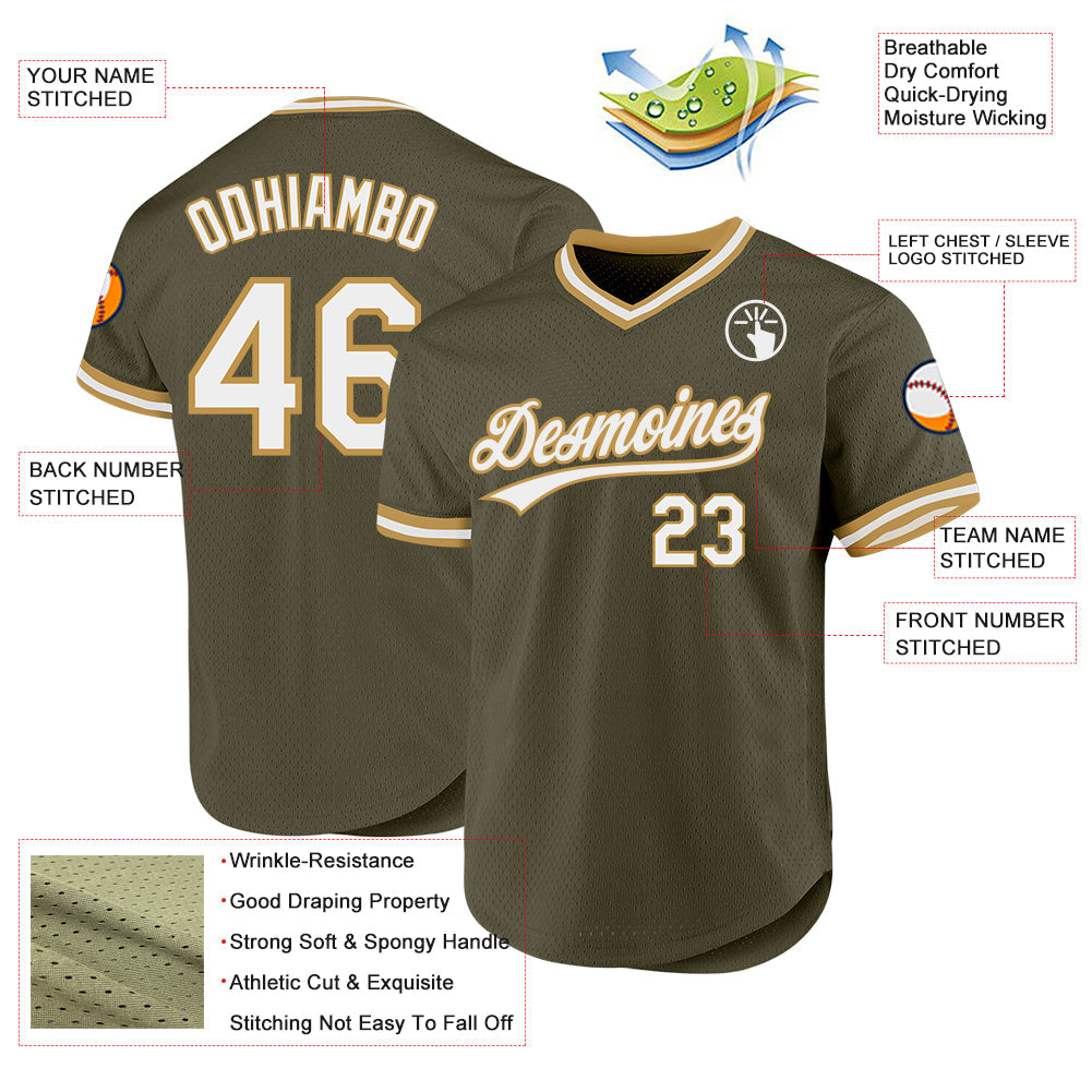 Custom Olive White-Old Gold Authentic Throwback Salute To Service Baseball Jersey view 3