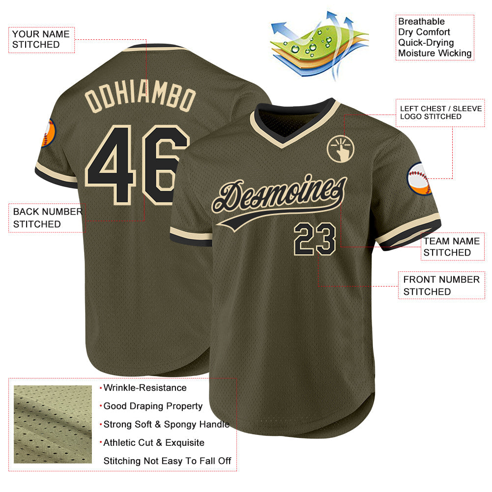 Custom Olive Black-Cream Authentic Throwback Salute To Service Baseball Jersey view 3