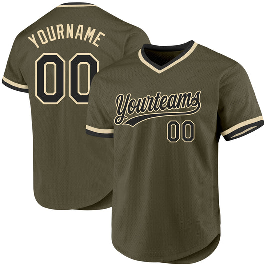Custom Olive Black-Cream Authentic Throwback Salute To Service Baseball Jersey - Main View