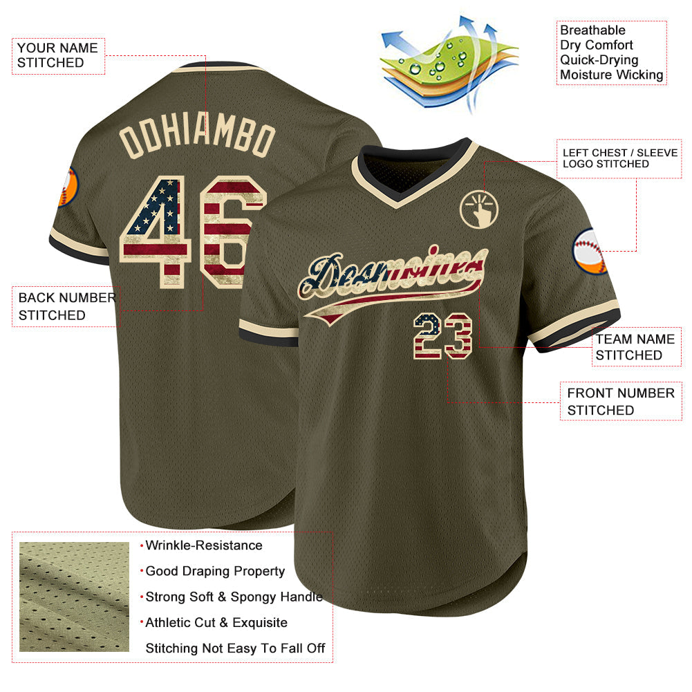 Custom Olive Vintage USA Flag Cream-Black Authentic Throwback Salute To Service Baseball Jersey view 3