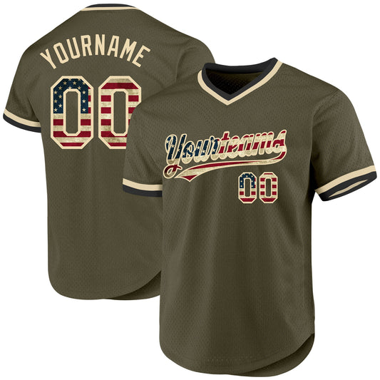 Custom Olive Vintage USA Flag Cream-Black Authentic Throwback Salute To Service Baseball Jersey - Main View