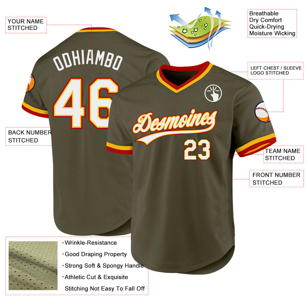 Custom Olive Gold-Red Authentic Throwback Salute To Service Baseball Jersey view 3