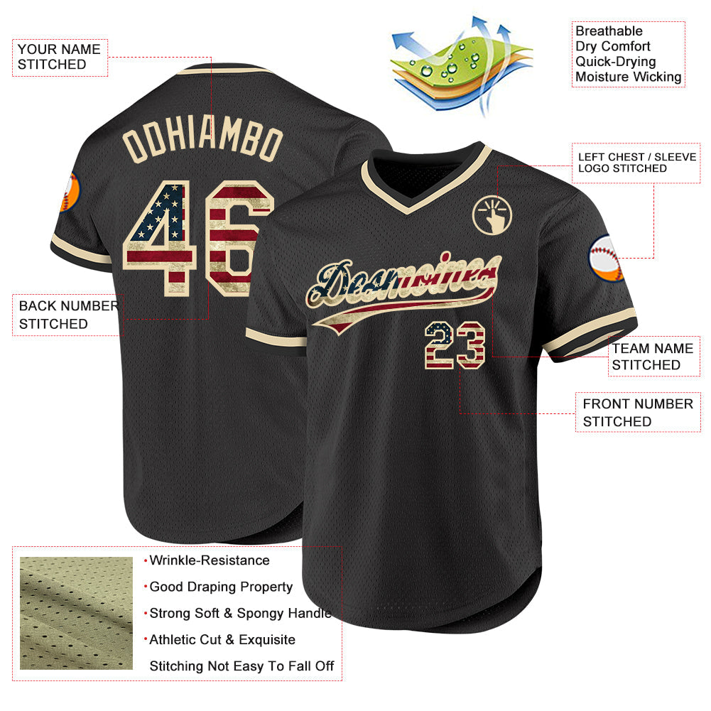 Custom Olive Vintage USA Flag Cream-Black Authentic Throwback Salute To Service Baseball Jersey view 3