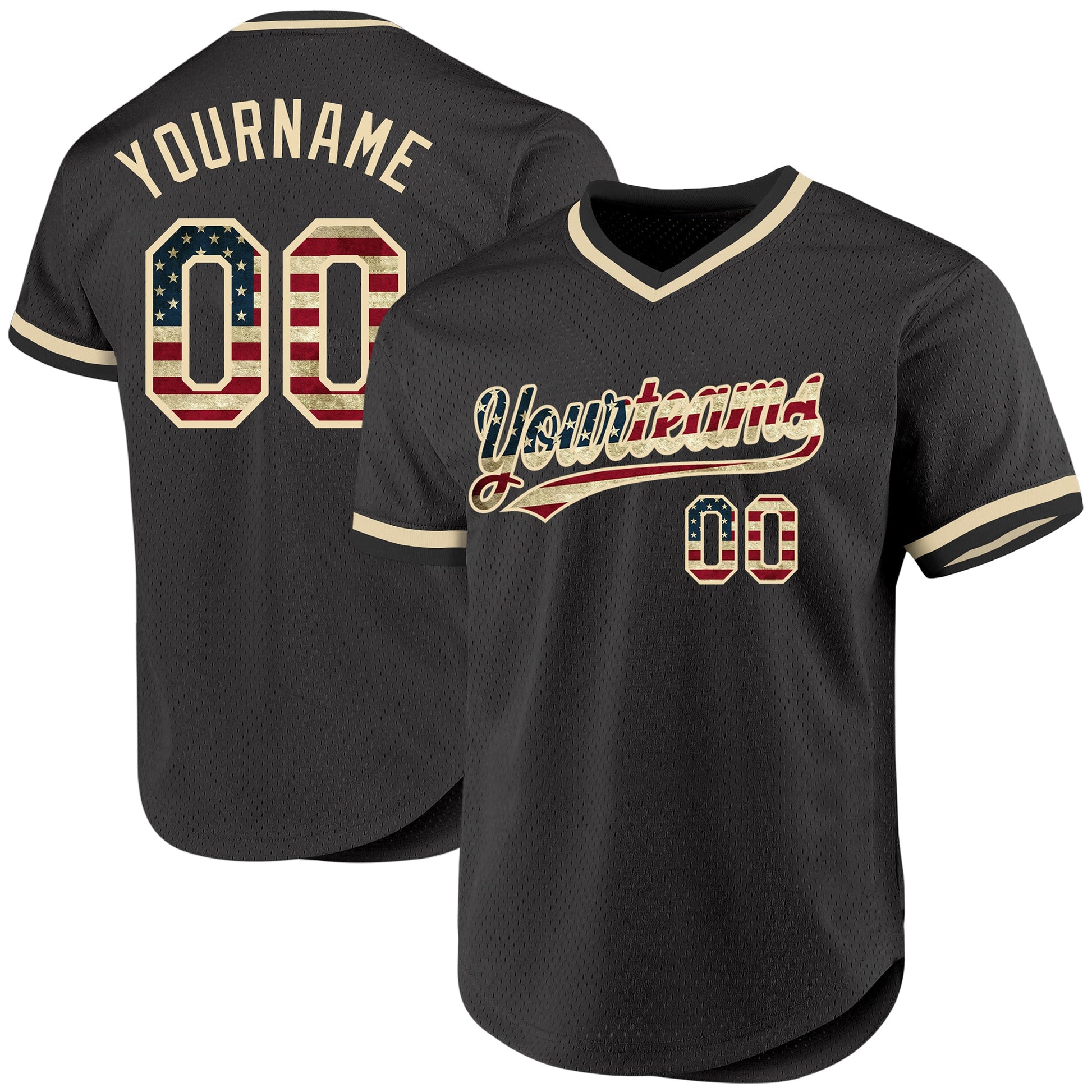 Custom Olive Vintage USA Flag Cream-Black Authentic Throwback Salute To Service Baseball Jersey - Main View