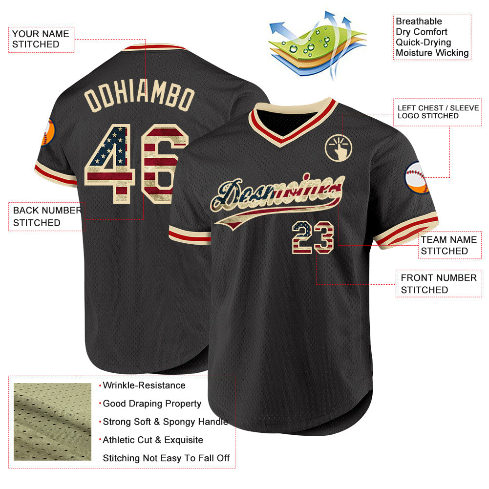 Custom Olive Vintage USA Flag Cream-Red Authentic Throwback Salute To Service Baseball Jersey view 3