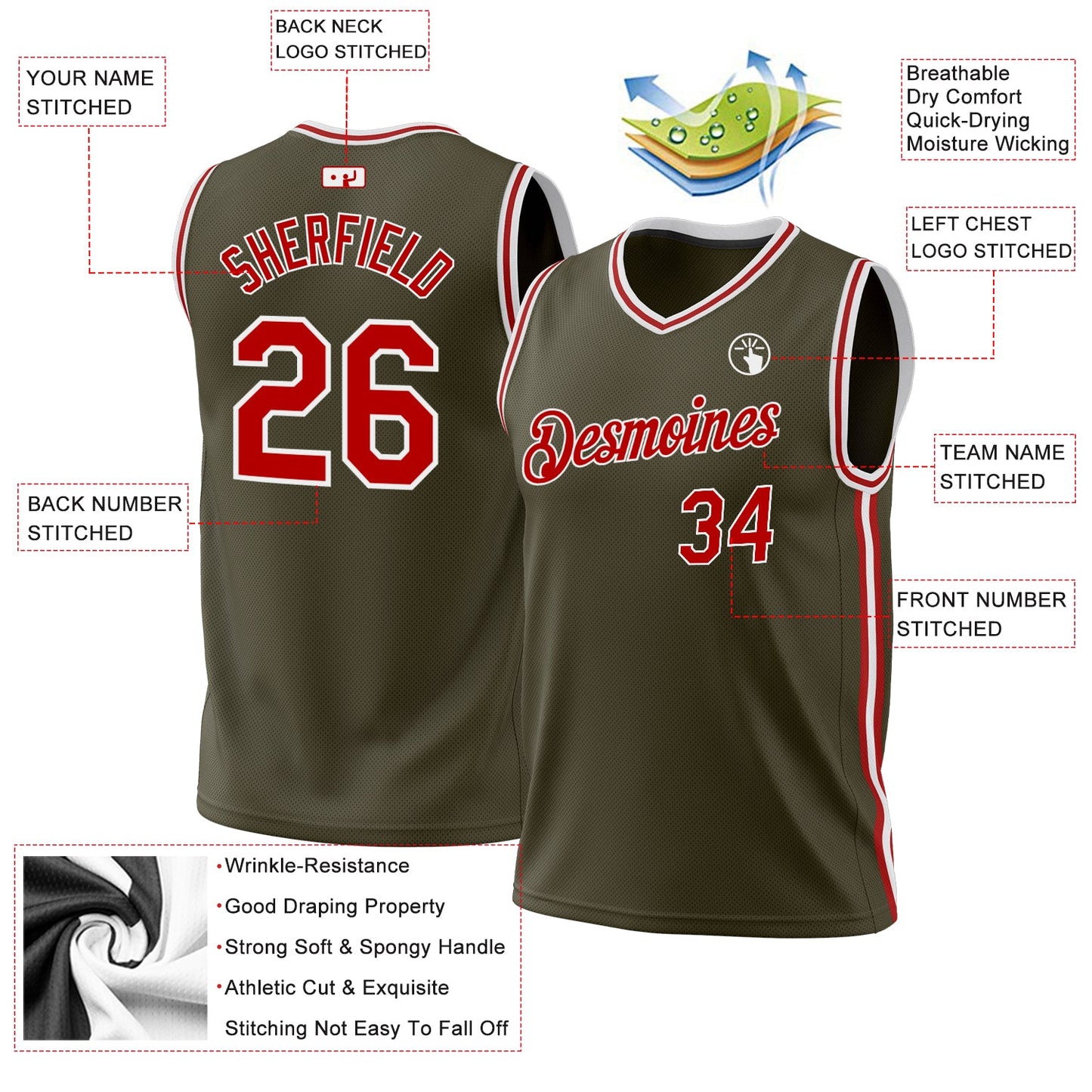 Custom Olive Red-White Authentic Throwback Salute To Service Basketball Jersey view 3