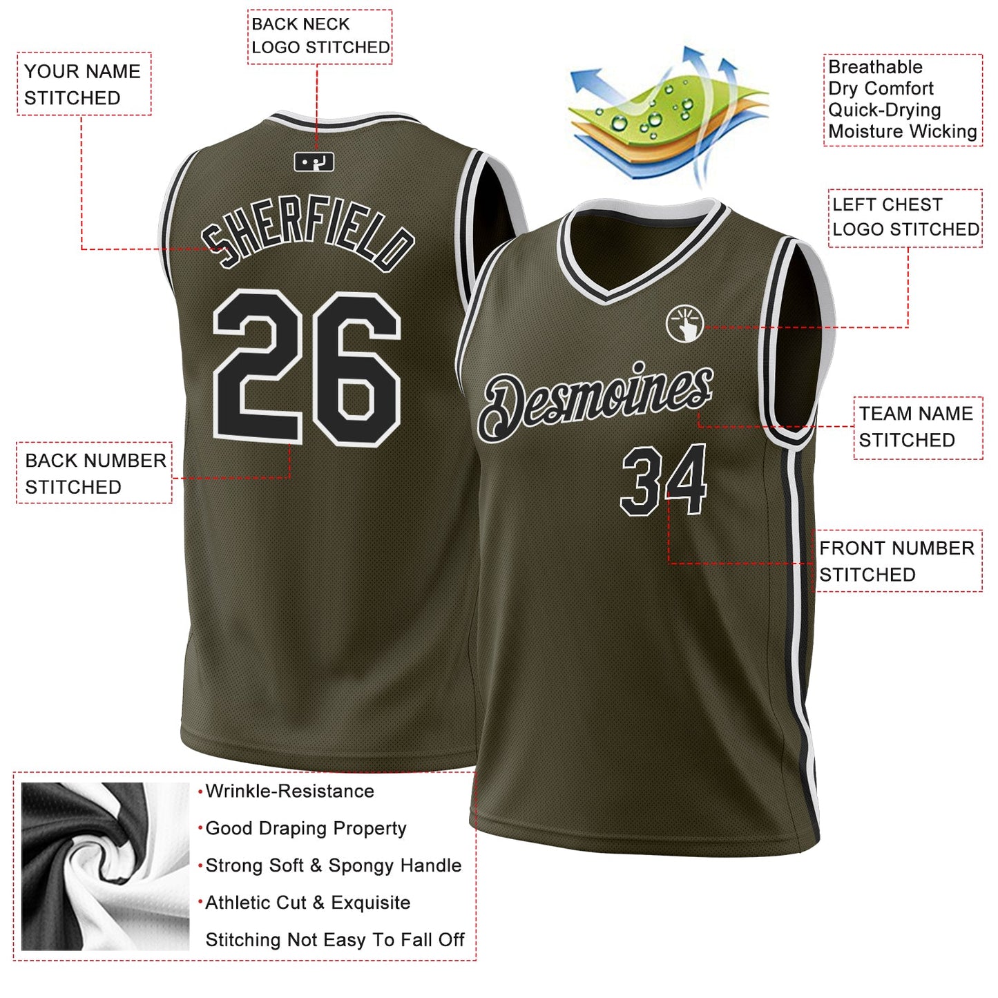 Custom Olive Black-White Authentic Throwback Salute To Service Basketball Jersey view 3