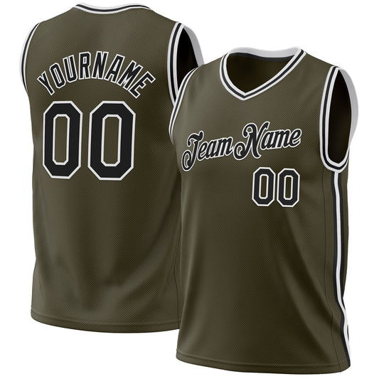 Custom Olive Black-White Authentic Throwback Salute To Service Basketball Jersey - Main View